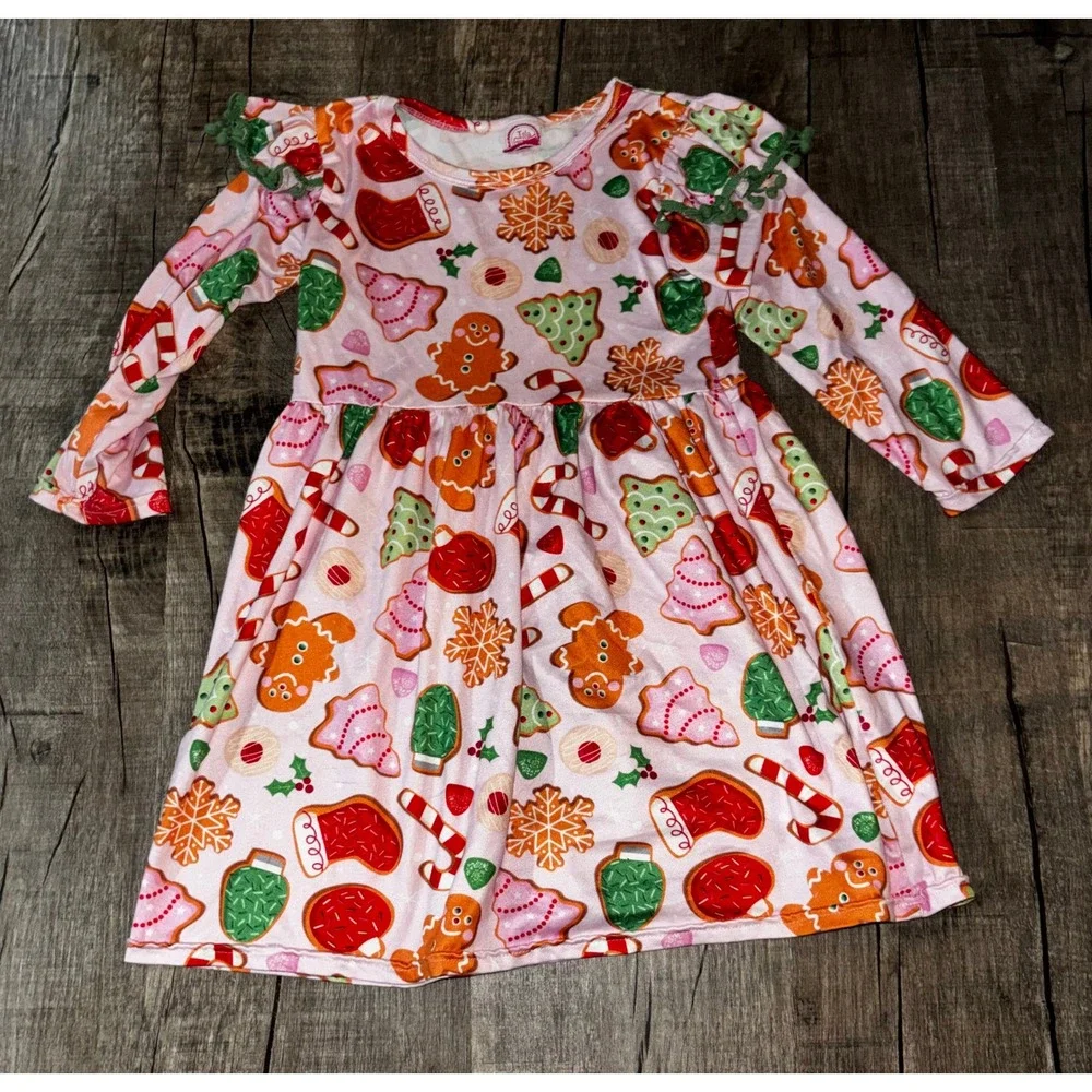 Isla Grace Kids Pink Gingerbread‎ Christmas Holiday Long Sleeve Dress 3-4T